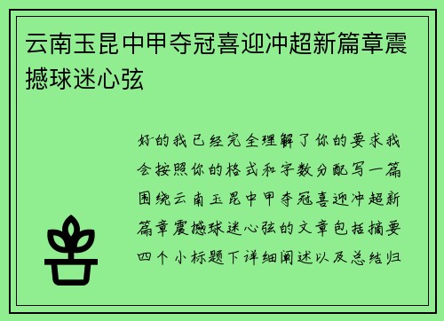 云南玉昆中甲夺冠喜迎冲超新篇章震撼球迷心弦 云南玉昆中甲夺冠喜迎冲超新篇章震撼球迷心弦