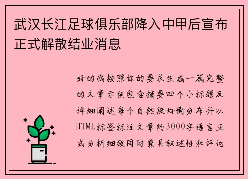 武汉长江足球俱乐部降入中甲后宣布正式解散结业消息